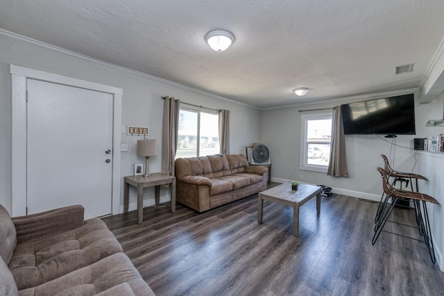 living room with a textured ceiling, crown molding, and dark hardwood / wood-style floors