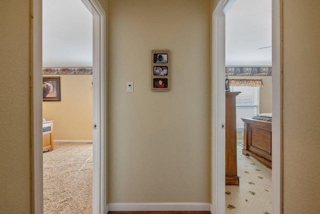 hallway featuring light carpet