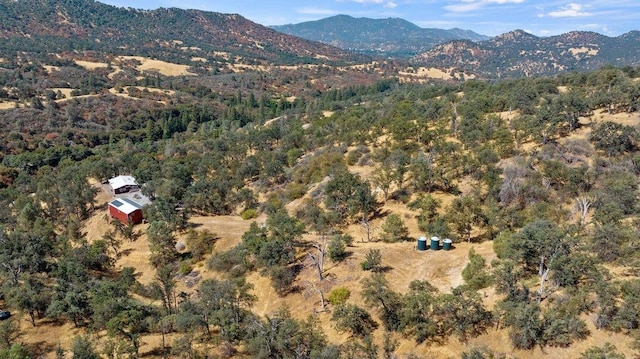 drone / aerial view with a wooded view and a mountain view
