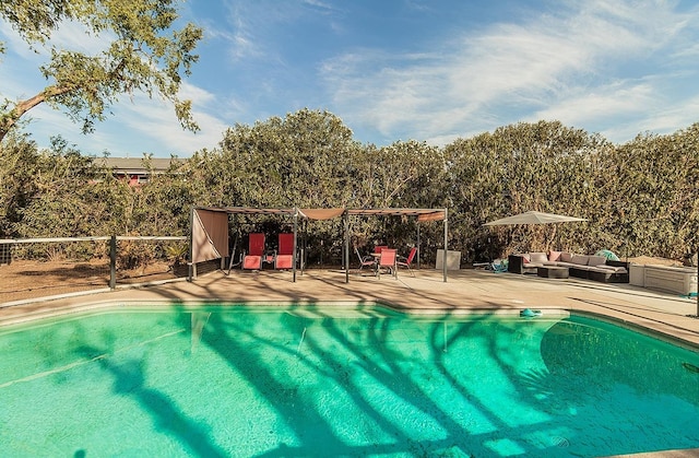 view of swimming pool with a patio and an outdoor living space