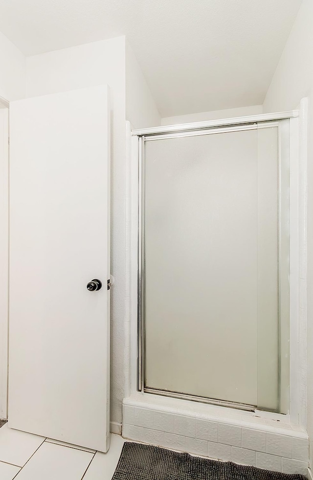 bathroom with tile patterned flooring and a shower with door