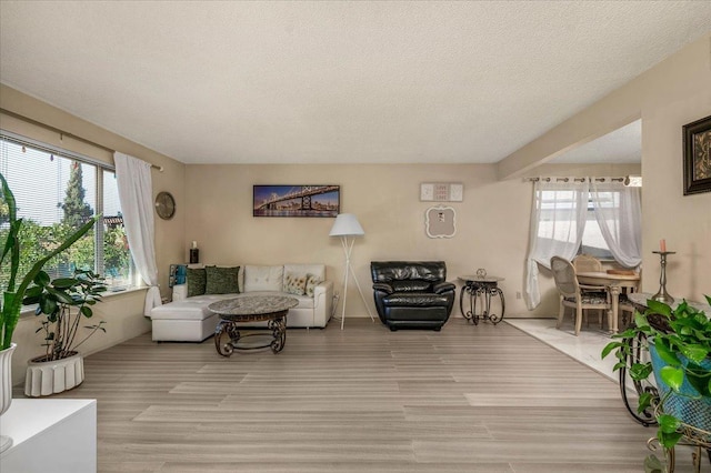 living room with light wood-type flooring, plenty of natural light, and a textured ceiling