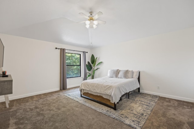 bedroom featuring lofted ceiling, carpet, and ceiling fan