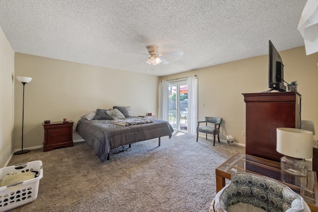 bedroom with ceiling fan, carpet flooring, a textured ceiling, and access to exterior