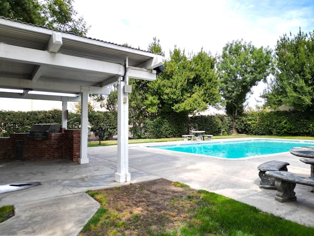 view of swimming pool with exterior kitchen, area for grilling, and a patio area