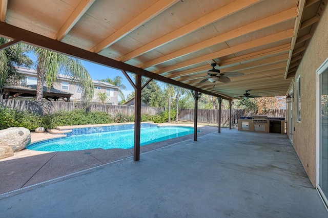 view of pool with a grill, a patio area, and ceiling fan