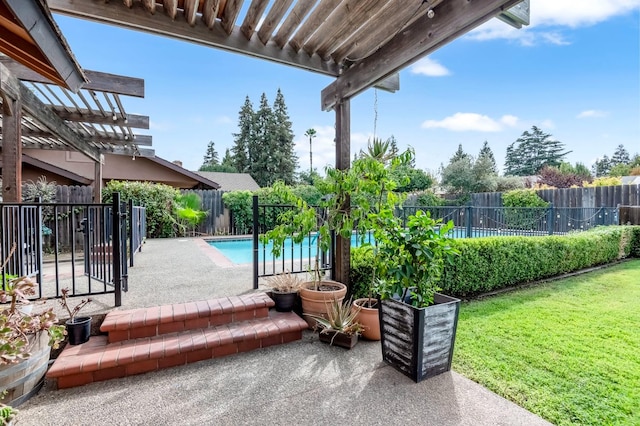 exterior space featuring a fenced in pool and a pergola