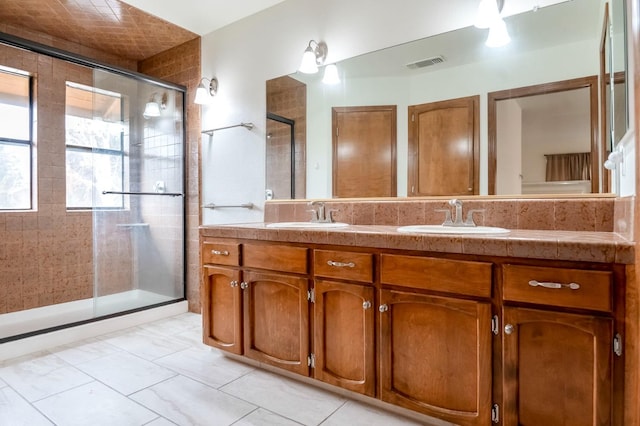 bathroom featuring walk in shower and vanity