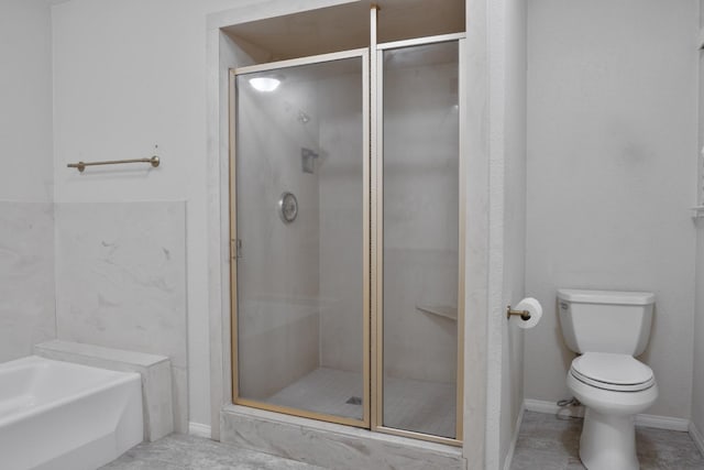 bathroom with toilet, a shower with door, and tile patterned floors