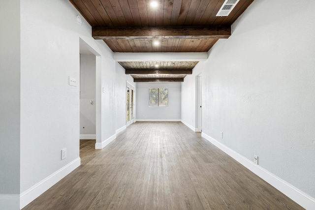 empty room featuring beamed ceiling, wood ceiling, and hardwood / wood-style floors