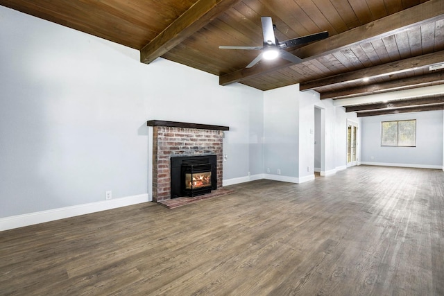 unfurnished living room with wood ceiling, a brick fireplace, ceiling fan, and hardwood / wood-style flooring