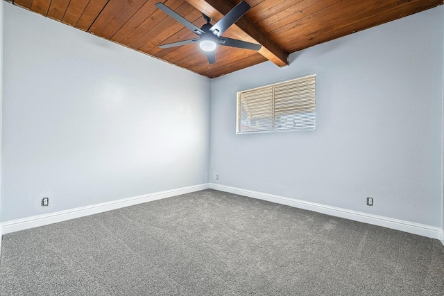 carpeted empty room with wood ceiling, vaulted ceiling with beams, and ceiling fan