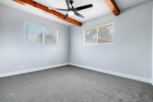 spare room with a healthy amount of sunlight, carpet, beam ceiling, and ceiling fan