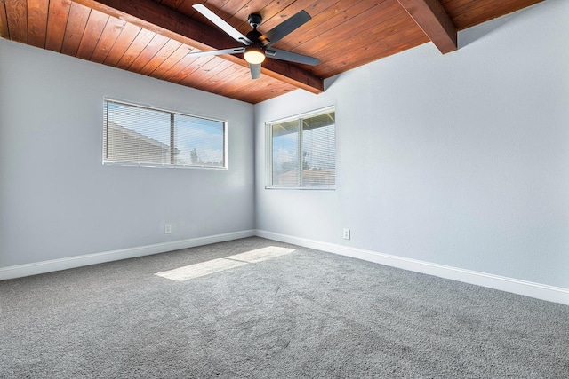 carpeted empty room featuring ceiling fan, wood ceiling, and beam ceiling