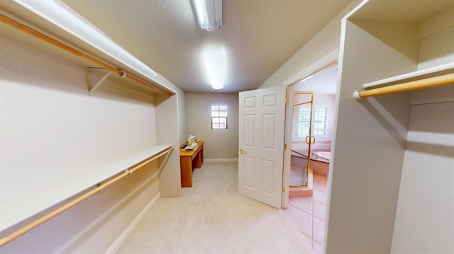 spacious closet featuring light colored carpet