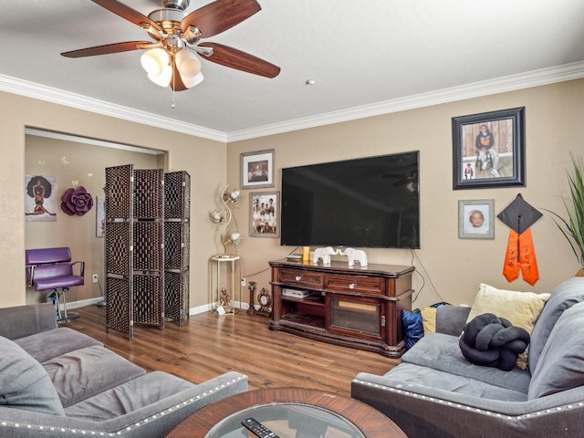 living room featuring ornamental molding, ceiling fan, and hardwood / wood-style flooring