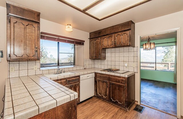 kitchen featuring tile counters, light hardwood / wood-style floors, dishwasher, and tasteful backsplash