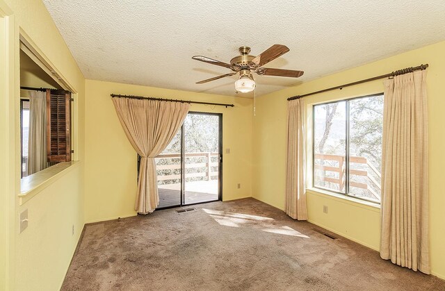 empty room with a textured ceiling, ceiling fan, light colored carpet, and a wealth of natural light