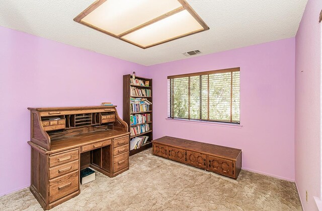 carpeted office space featuring a textured ceiling