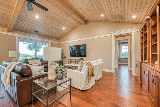 living room featuring ceiling fan, hardwood / wood-style flooring, wood ceiling, and lofted ceiling with beams