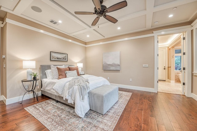 bedroom with wood-type flooring, coffered ceiling, and ceiling fan