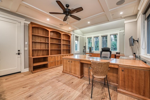 office with built in desk, coffered ceiling, beam ceiling, ceiling fan, and light hardwood / wood-style flooring