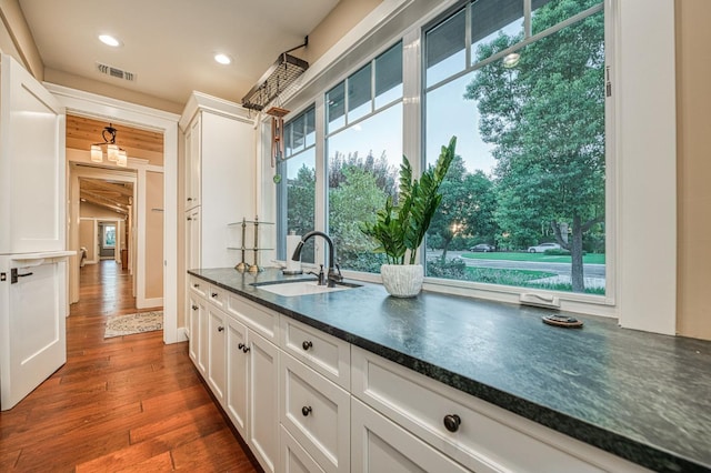 kitchen featuring white cabinets, sink, plenty of natural light, and dark wood-type flooring