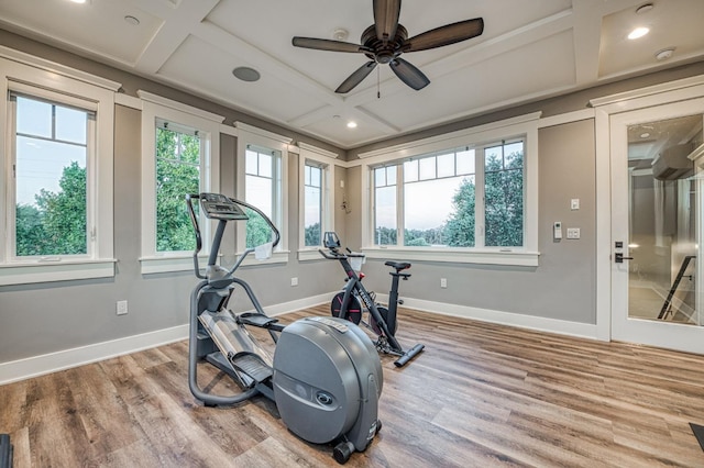 exercise area featuring ceiling fan, light hardwood / wood-style floors, coffered ceiling, and a healthy amount of sunlight