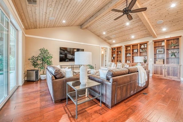 living room featuring ceiling fan, beamed ceiling, hardwood / wood-style flooring, and wood ceiling