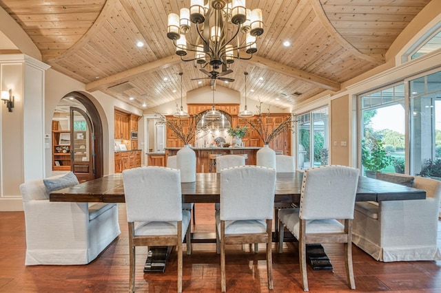 dining room featuring wood ceiling, lofted ceiling with beams, an inviting chandelier, and dark wood-type flooring