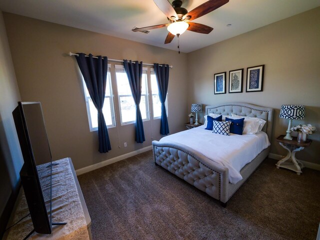 carpeted bedroom with ceiling fan