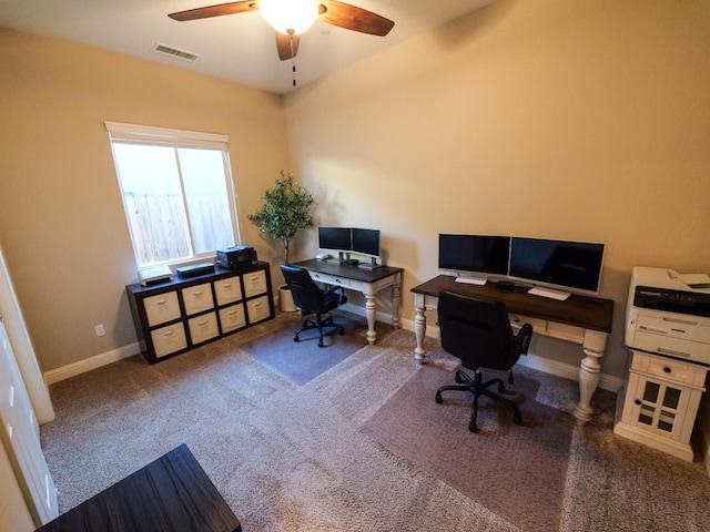 home office featuring carpet floors and ceiling fan