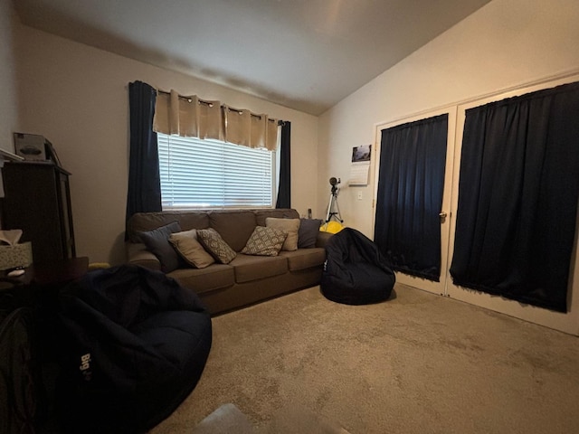 carpeted living room with vaulted ceiling