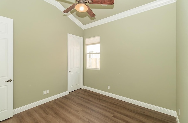 unfurnished room with ceiling fan, baseboards, dark wood-type flooring, and ornamental molding