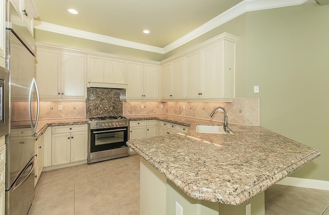 kitchen with a peninsula, light stone countertops, high quality appliances, and a sink