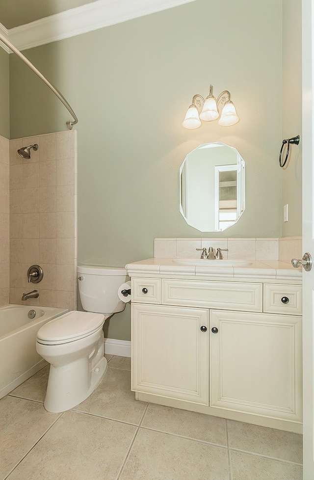 bathroom with toilet, tile patterned flooring, tub / shower combination, and vanity