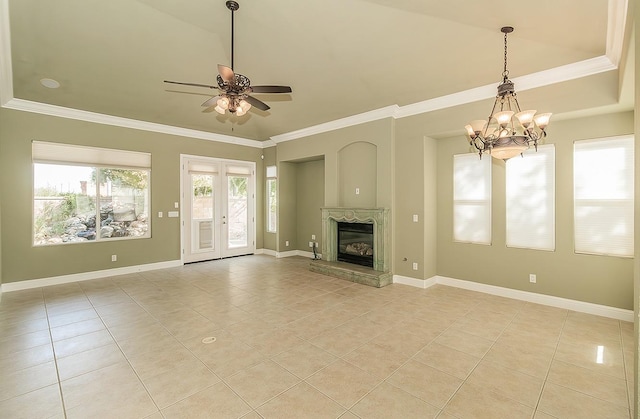 unfurnished living room featuring light tile patterned floors, ornamental molding, a premium fireplace, and baseboards