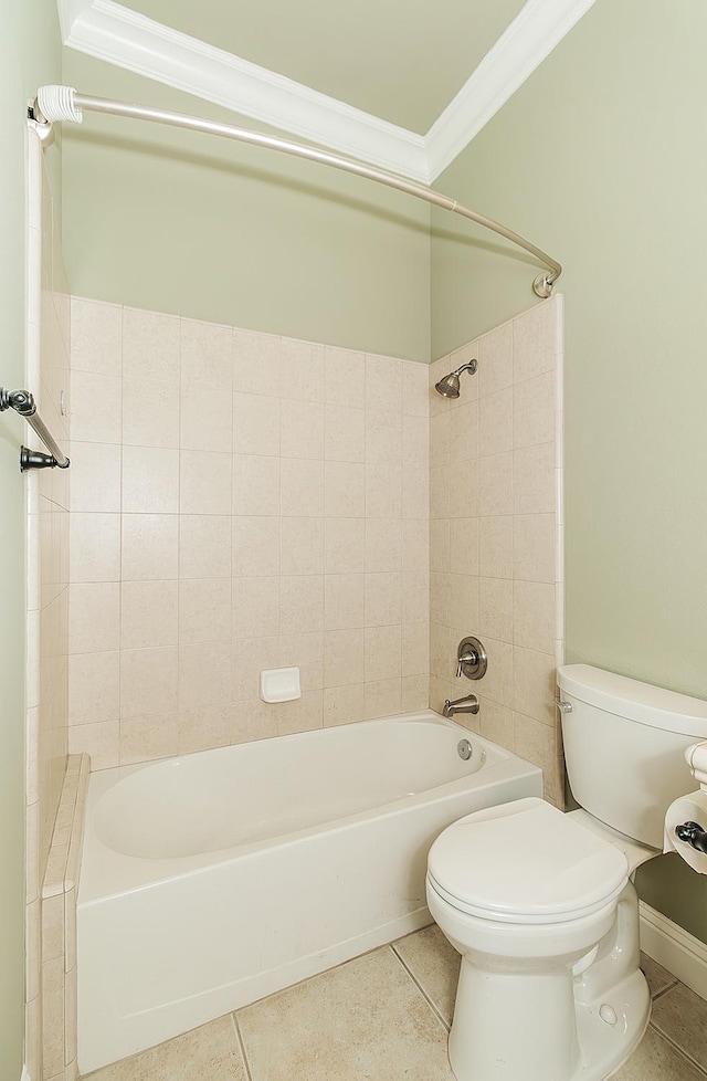 full bathroom with toilet, bathtub / shower combination, ornamental molding, and tile patterned floors