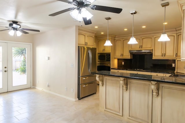 kitchen featuring french doors, stainless steel appliances, backsplash, a peninsula, and a kitchen bar