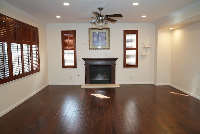 unfurnished living room featuring crown molding, dark hardwood / wood-style floors, and ceiling fan