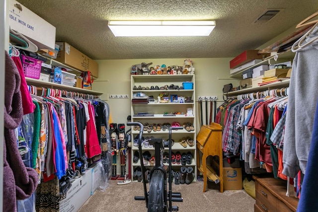 walk in closet with light colored carpet