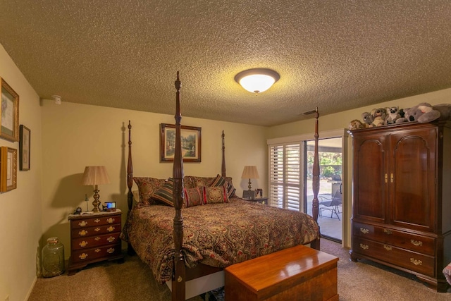 bedroom with a textured ceiling, light carpet, and access to exterior