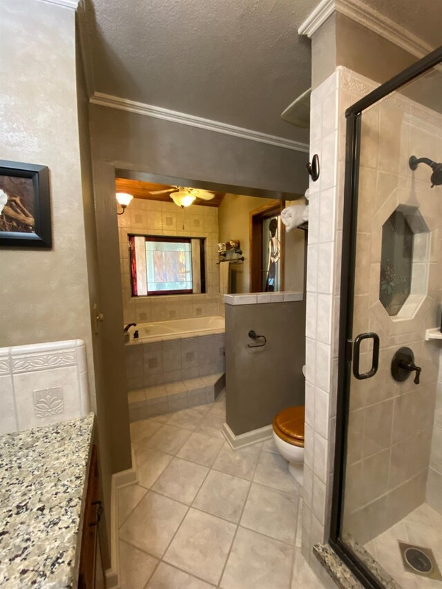 full bathroom with a bath, crown molding, tile patterned flooring, and a stall shower