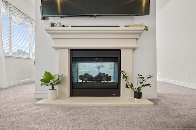 details featuring carpet flooring and a multi sided fireplace