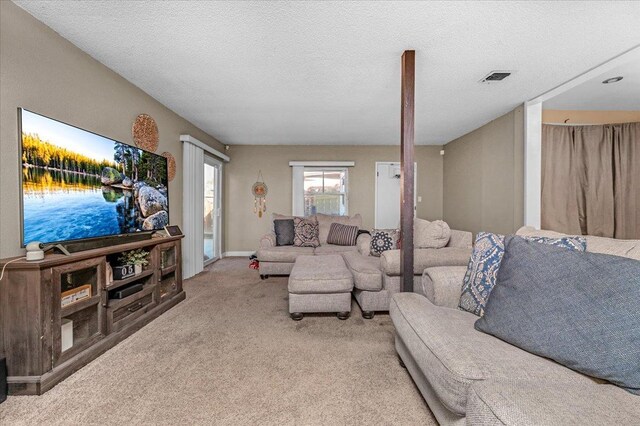 living room featuring carpet flooring and a textured ceiling