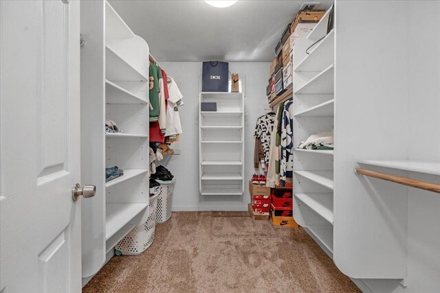 walk in closet featuring light carpet