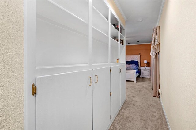 hallway featuring light colored carpet and crown molding