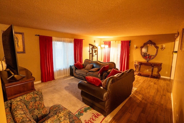 living room featuring a textured ceiling and hardwood / wood-style flooring