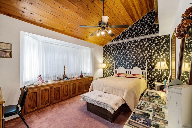 bedroom with ceiling fan, wood ceiling, light carpet, and lofted ceiling