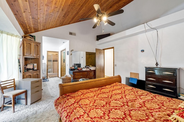 bedroom with light carpet, wood ceiling, ceiling fan, and high vaulted ceiling